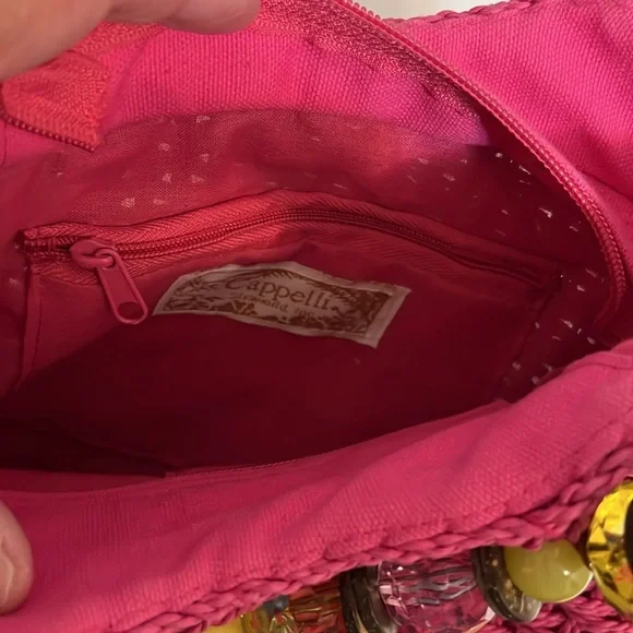 Cappelli Mini Handbag Purse Hot Pink Beaded Handle Woven Straw Summer Fun Small - Picture 14 of 16